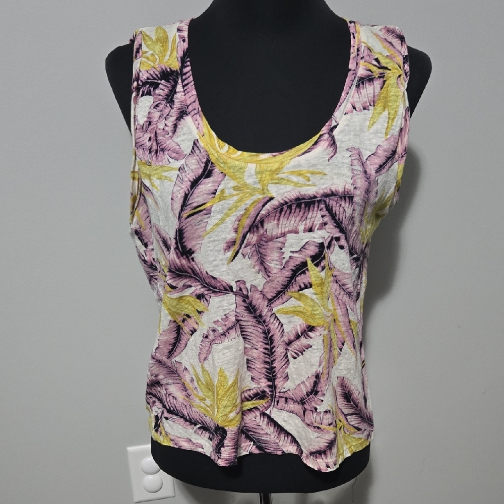 LOFT Pink and Yellow Leaf Print Tank Top